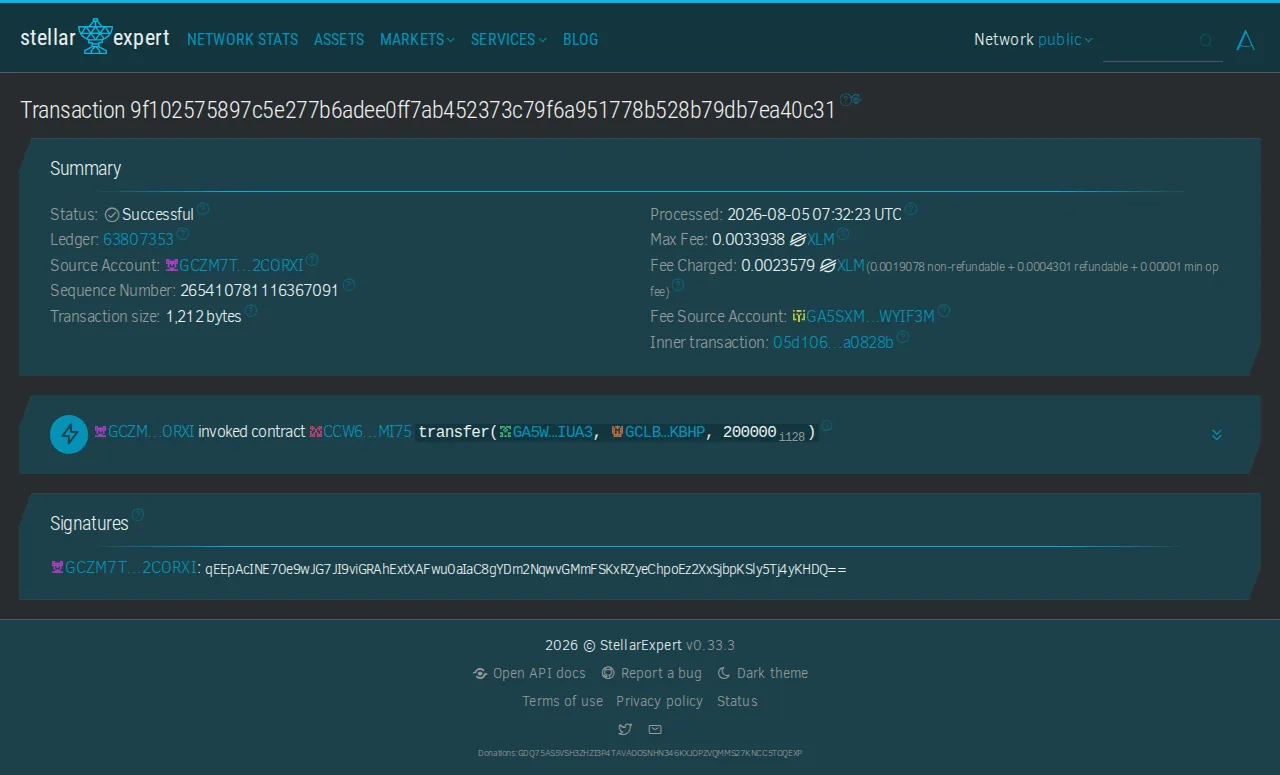 The successful governed x402 payment on a Stellar block explorer: 0.02 USDC transferred with sponsored fees, invoked by a different relayer account