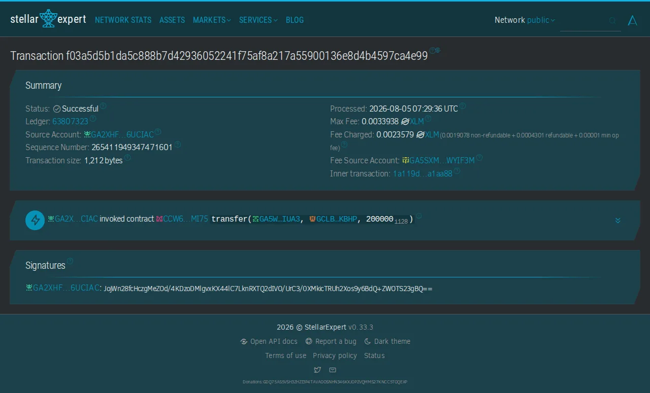The phantom settlement on a Stellar block explorer: a successful fee-bump transaction transferring 0.02 USDC at 07:29:36 UTC, invoked by a relayer account